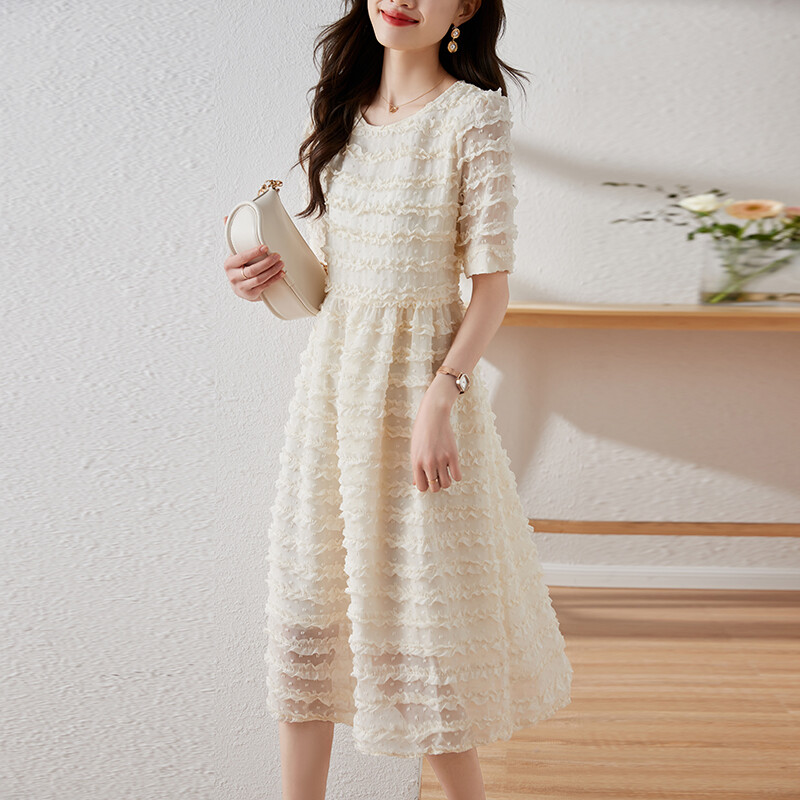 REHIN Women's top Wood ear apricot dress new style summer 2023 waist slimming bubble sleeve fairy long dress