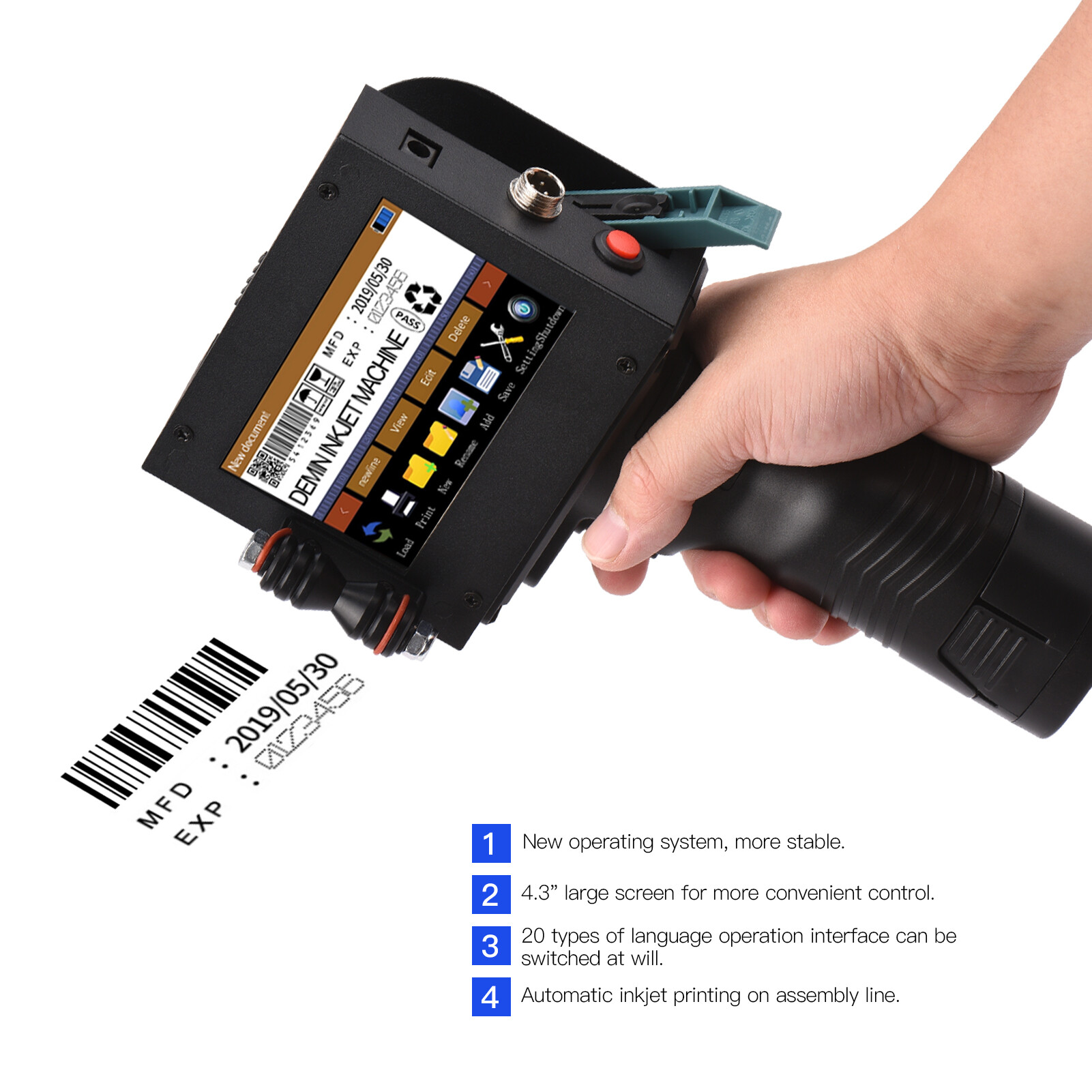 KKmoon Handheld Printer Portable Inkjet Printer High Definition Inkjet Code Printer with 4.3 Inch LED Touchscreen Quick-Drying Ink Cartridge for Label/Production Date/Barcode/Trademark/Logo/Graphic