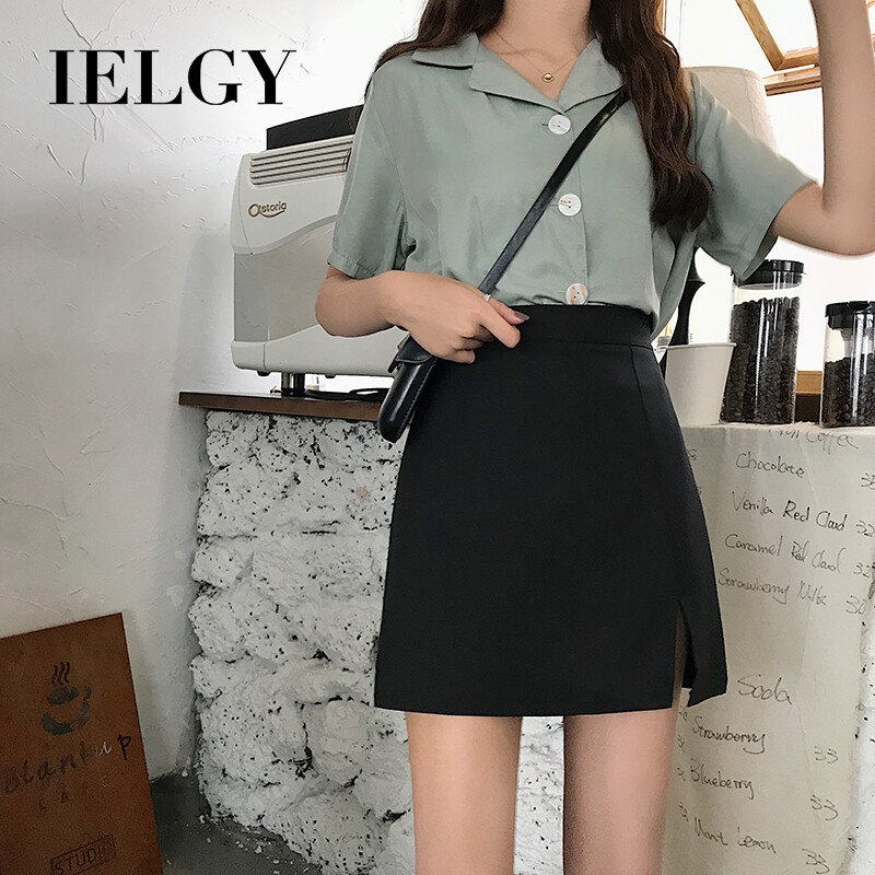 IELGY split skirt black high-waisted a-line skirt women's thin hip skirt