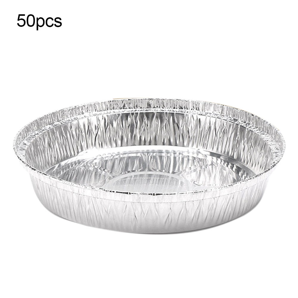 ✿50Pcs Disposable Round Aluminum Foil BBQ Food Tray Container Non-stick Baking Pan