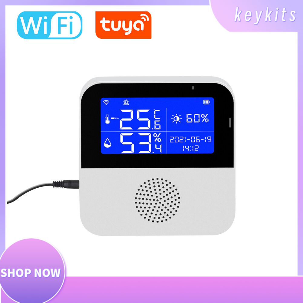 Keykits- Tuya WIFI Intelligent Temperature Humidity Sensors Intelligent Home Desktop Office Hotel Multi-function Temperature Humidity Sensors 2.9 Inch with Backlight LCD Display Time Mobilephone APP Remote Monitoring °C °F Units Switching