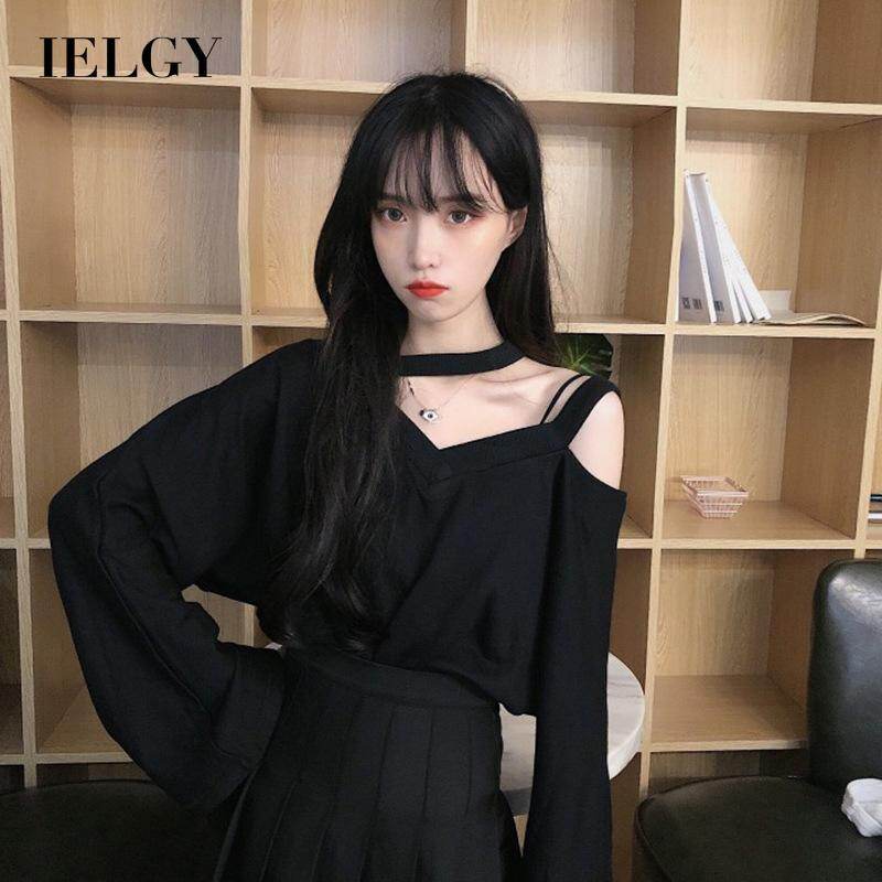 IELGY Halter neck Korean version Top Loose Strapless Long sleeves Women's T-shirt Solid color Casual V-neck