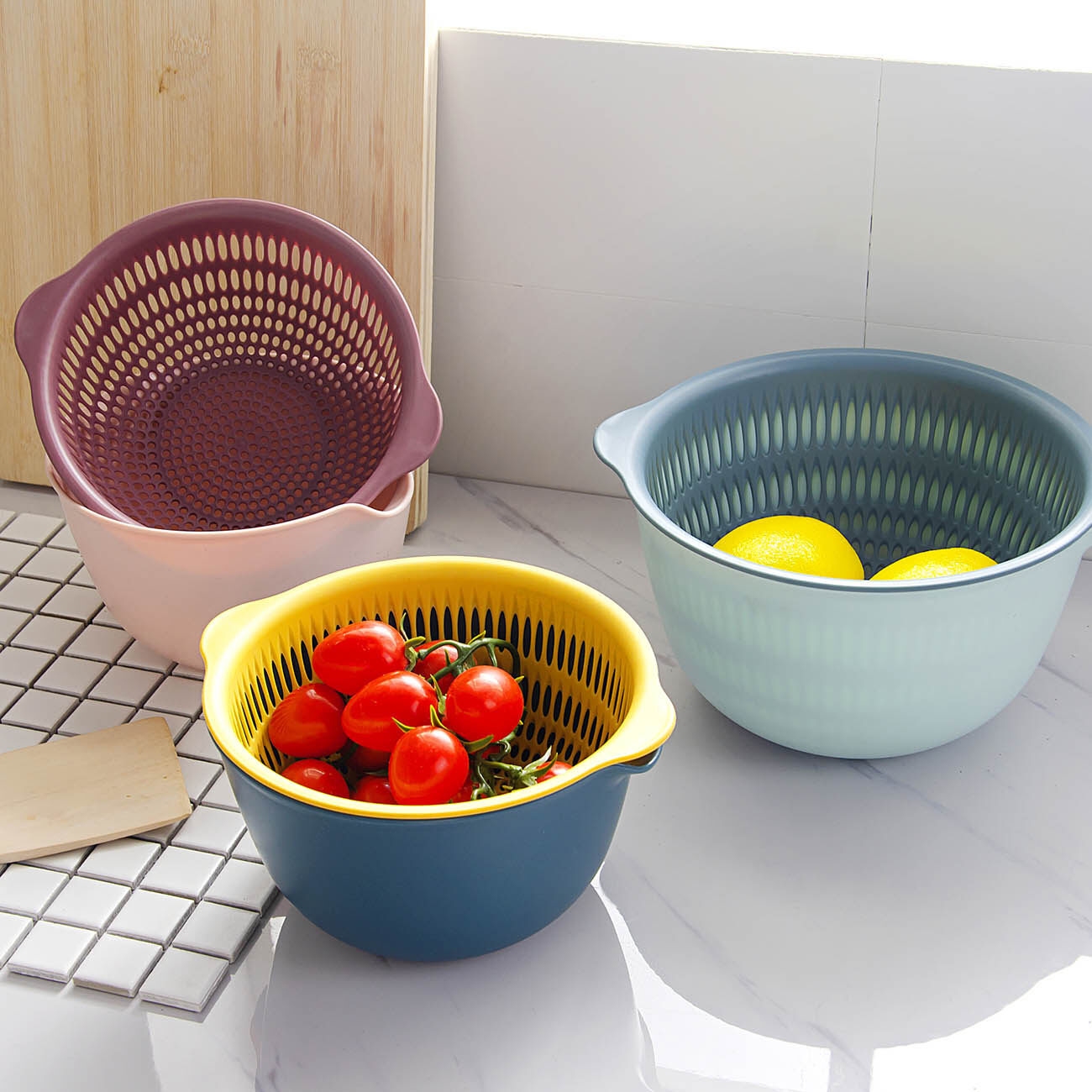 CNMF Double-layer Hollow Vegetable Washing Basket Vegetable Drain Sieve Kitchen Fruit Storage Basket Drain Basket