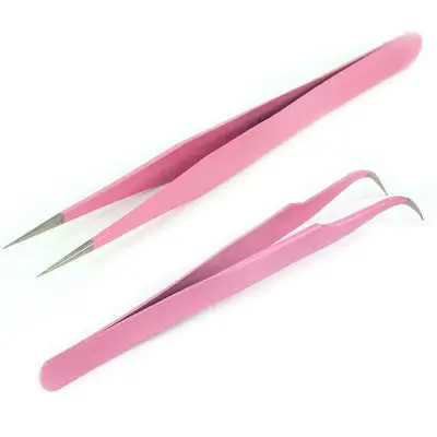 2PCS Steel Pink Straight + Bend Tweezer For Eyelash Extensions Nail Art Nippers
