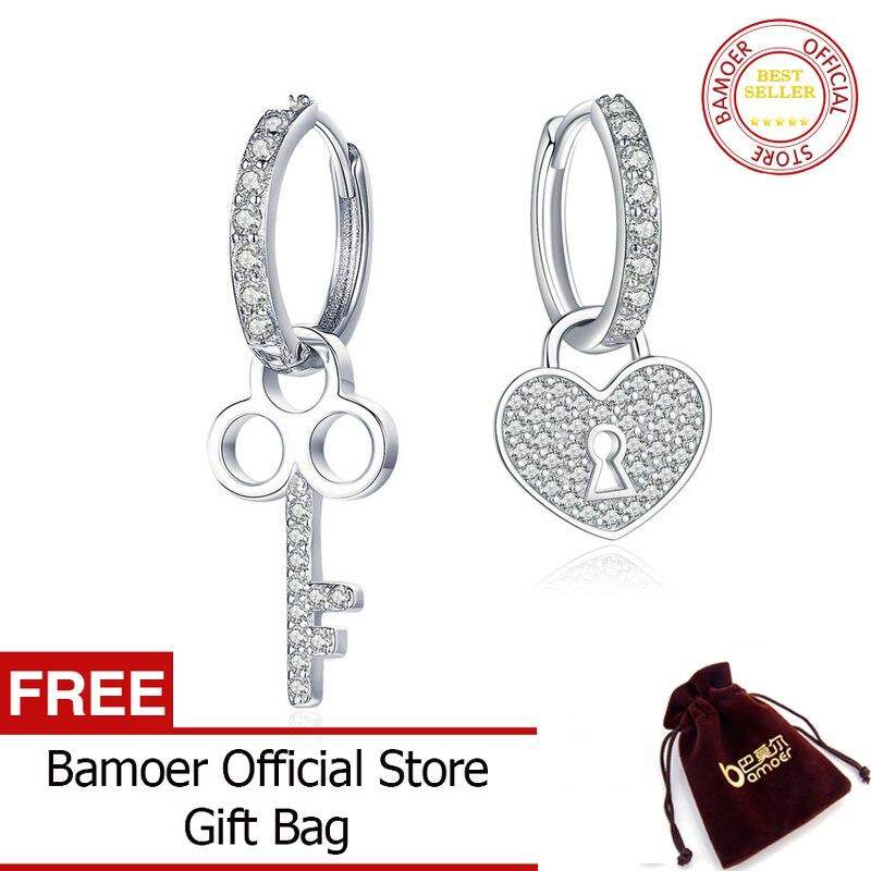 BAMOER Classic 100% 925 Sterling Silver Love Heart Shape Key Lock Drop Earrings for Women Wedding Engagement Jewelry SCE577 Mar