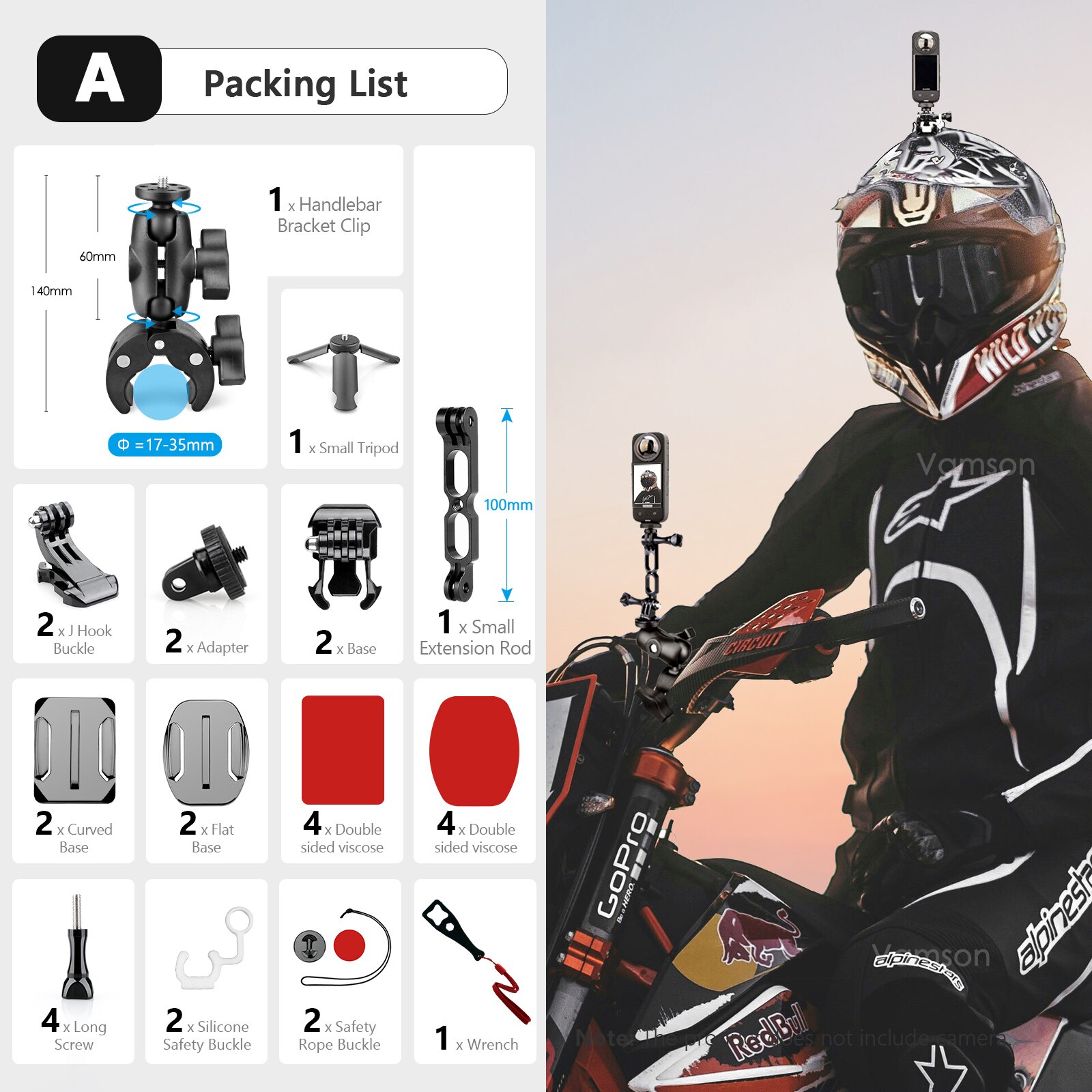 Vamson For Insta360 X3 One X2 Action Camera Motorcycle Accessories Mount Kit With Aluminum Alloy Extension Arm For Go Pro 11 10