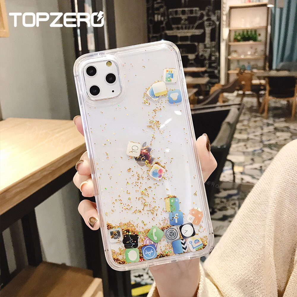 TOPZERO Ốp Lưng Điện Thoại Lấp Lánh Lấp Lánh Lấp Lánh Cho iPhone 13 Pro Max 12 11 Pro Max Ốp Lưng Cứng Cát Lún Biểu Tượng Ứng Dụng Cho iPhone 11 Pro iPhone 11 12 13 Mini