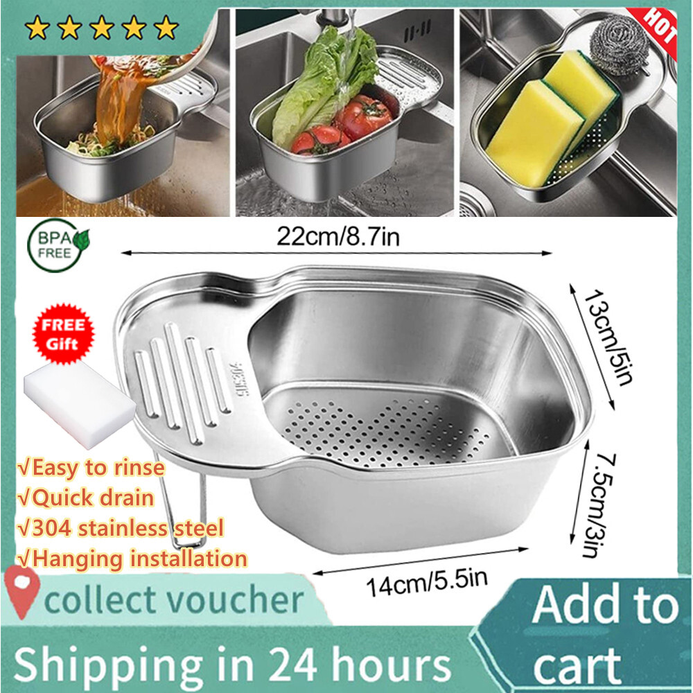 Kitchen Sink Strainer Basket, Multipurpose Corner Sink Strainer Food Catcher Leftovers Garbage Storage, 304Stainless Steel Drain Basket