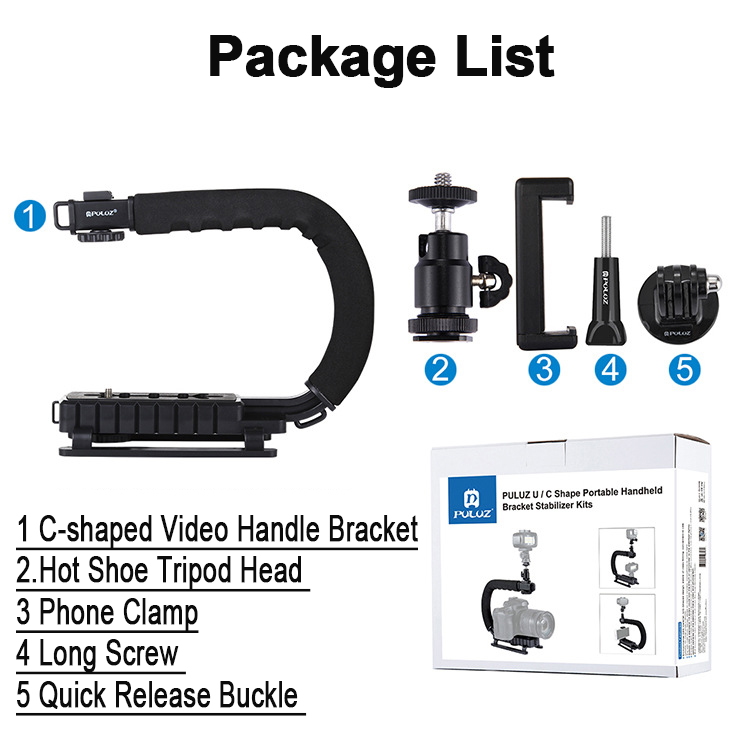 PULUZ U/C Shape Portable Handheld DV Bracket Stabilizer Kit for Apple Iphone Sony Samsung Panasonic Huawei Xiaomi with Cold Shoe Tripod Head Phone Clamp Quick Release Buckle Long Screw