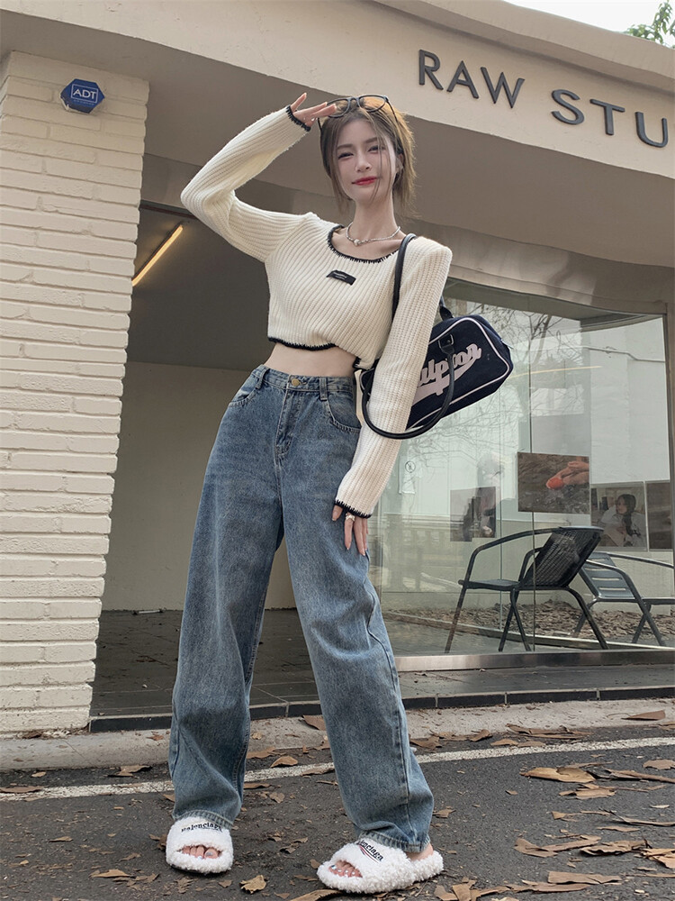 HengShanYuan sweaters for women Pure wind short collarbone exposed long-sleeved sweater women's autumn 2022 new slim high waist strap temperament jacket