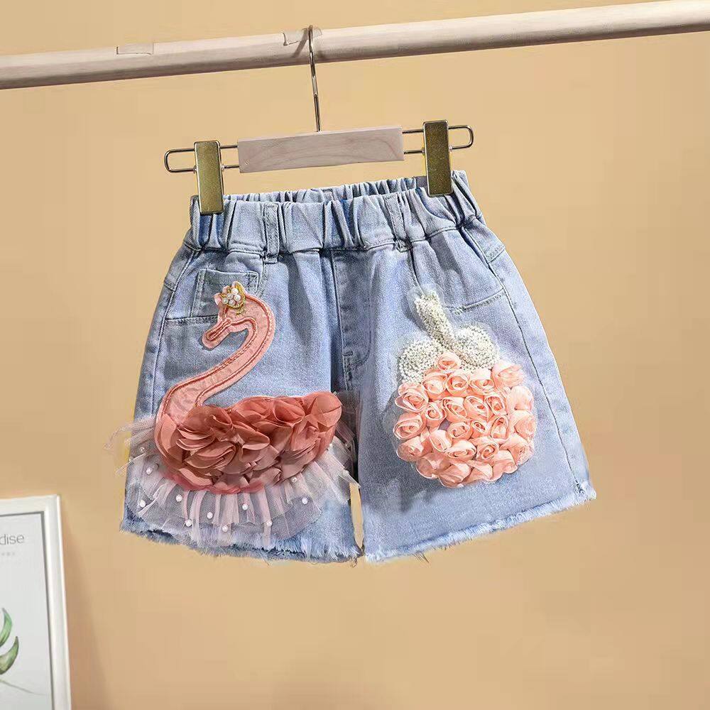 3--11 Baby Kids Girl Embroidery Pants Denim Shorts Korean Style Swan Fashion Wear Pants Jeans