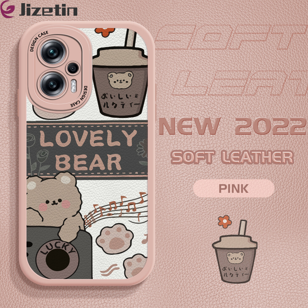 (Leather Case) Jizetin Phone Casing For Xiaomi Redmi Note 11 Note 11 5G Note 11 Pro+ 5G Note 11S Note 11T Pro Note 11T Pro+ Slim Skin Feeling Cartoon Bear Leather Back Casing Soft Silicone PU Leather Cover Phone Case