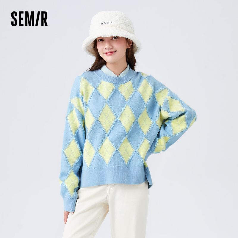 Semir Sweater Women Diamond Check Slit 2023 Winter New Oversize Retro Style Sweater