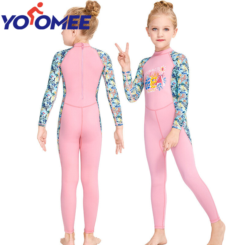 Yoomee One-piece Kids Wetsuit Swimsuit Children Sunscreen UPF50+ Swim Suit Long Sleeve Swimwear Quick Dry Jellyfish Swimsuit for Girls