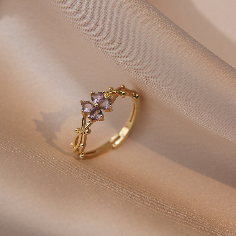 【HOMP】Purple clover zircon open ring women gift