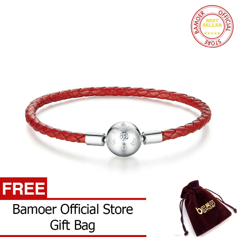 BAMOER Genuine 925 Sterling Silver Red Leather Rope Charm Bracelet for Women Fit for 3mm Hole Charm Bead Jewelry BSB042