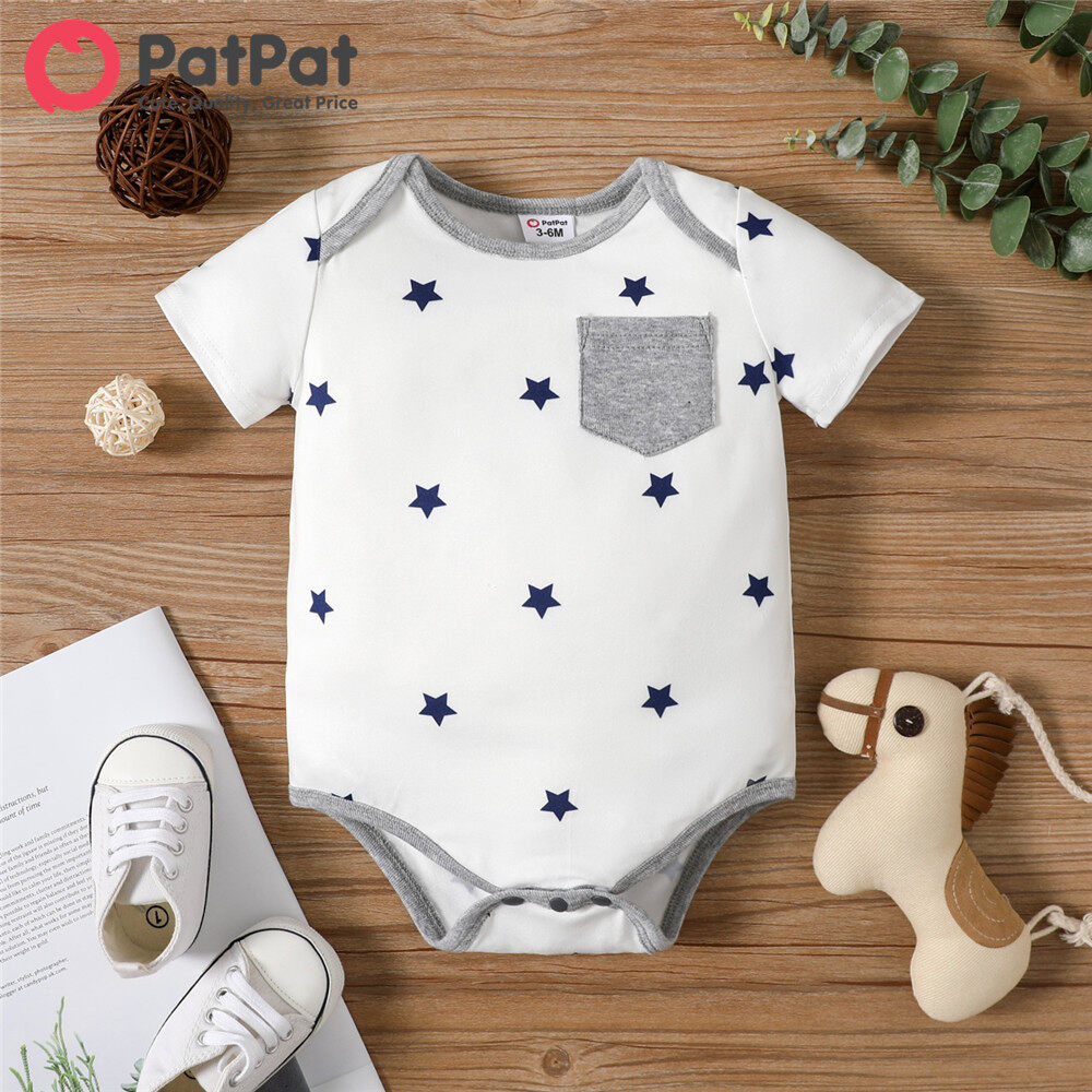 PatPat Baby Boy Girl Clothes Stars Striped Short-sleeve Romper Jumpsuit