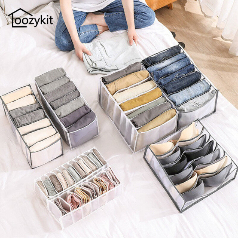 Loozykit Portable And Space Saving  7 Grids Jeans Storage Box Jeans Large Size Grid Storage Foldable Drawer Organizer Clothes Drawer Mesh Storage Bag Drawer Divider for Underwear, Bra, Socks, Panties