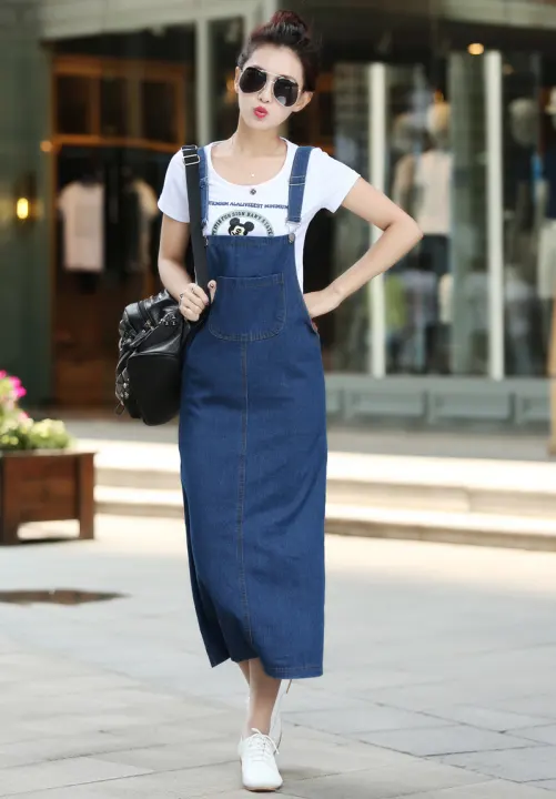 denim pinafore maxi dress