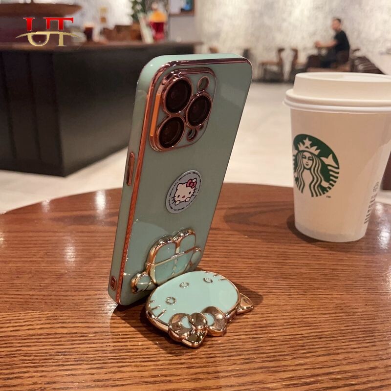 Luxury smooth silicone case For iphone 15 pro max 15 plus iphone 14 pro max iphone 13 pro max iphone 12 pro max iphone 11 pro max iphone 12 mini iphone 11 mini electroplated Kitty cat touch-up mirror stand