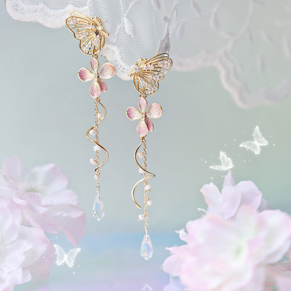 Girls Elegant Tassel Hollow Sweet Floral Pink Flower Drop Earrings Butterfly Earrings Fashion Jewelry S925 Silver Needle