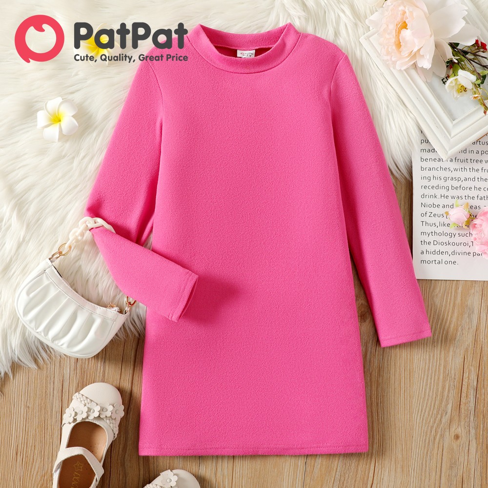 PatPat Kid Girl Solid Color Stand Collar Long-sleeve Knit Dress
