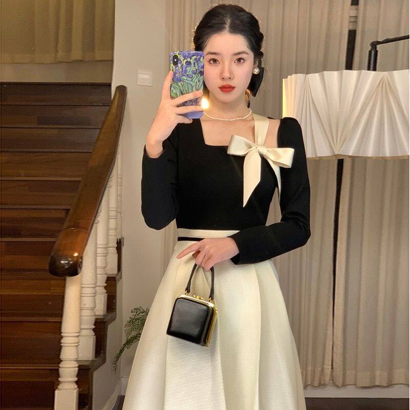 Huachacha spring autumn vintage sweet style bodycon waist slim a line maxi dress