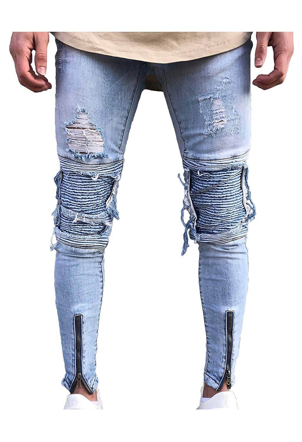 Hopeu Jeans untuk Pria Ketat Ramping Pas Jean Lurus Robek Hancur Tertekan Ritsleting Peregangan Pelindung Lutut Denim Biker Celana Pria Celana Sepeda Motor Dropshipping
