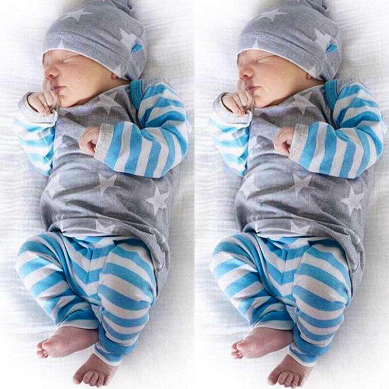 Set Newborn Baby Girl Boy Clothes Long Sleeve Striped Tops+Pants Hat 3pcs Outfit Set