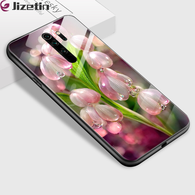 Jizetin Phone Casing For Xiaomi Redmi Note6 Note7 Note8 Note 8 Pro Note 8T Luxury Pink Flowers Crystal High Definition Design Shockproof Glossy Case Tempered Glass Back Cover Casing