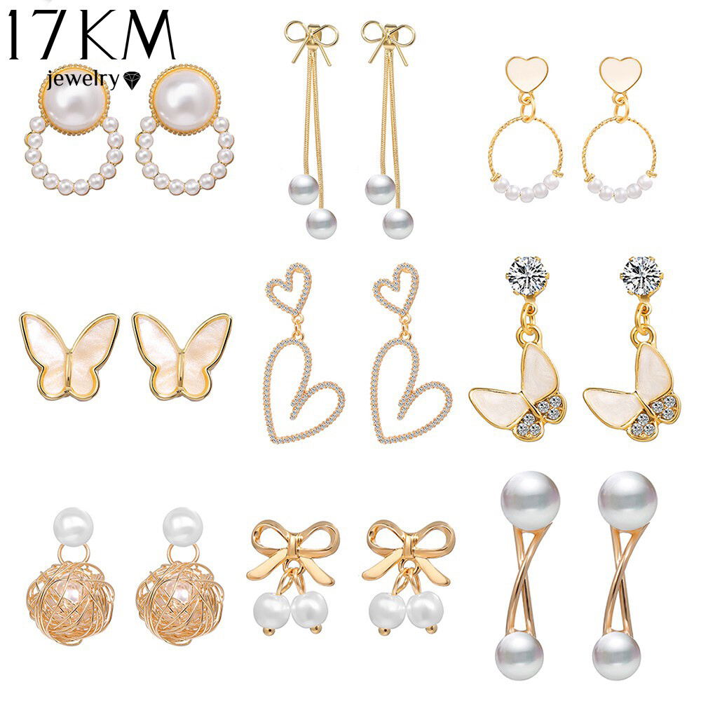 17KM Fashion Butterfly Gold Earrings Elegant Ladies Pearl Stud Earrings Luxury Women Jewelry Accessories