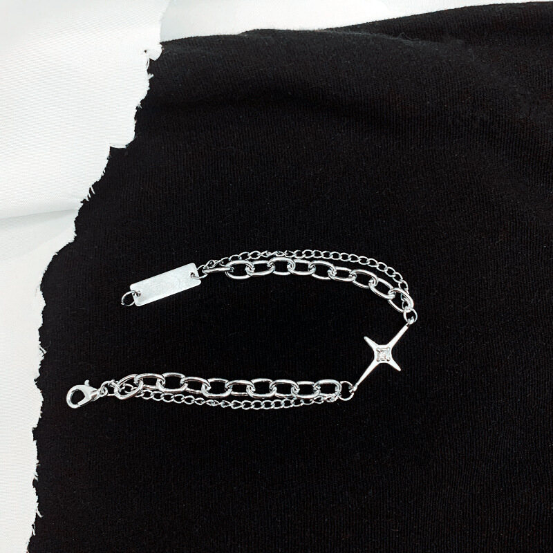 Punk Cross Star Tassel Bracelet for Women Double Layer Thick Chain Bracelet Crystal Silver Color Wrist Bracelet Jewelry Gift