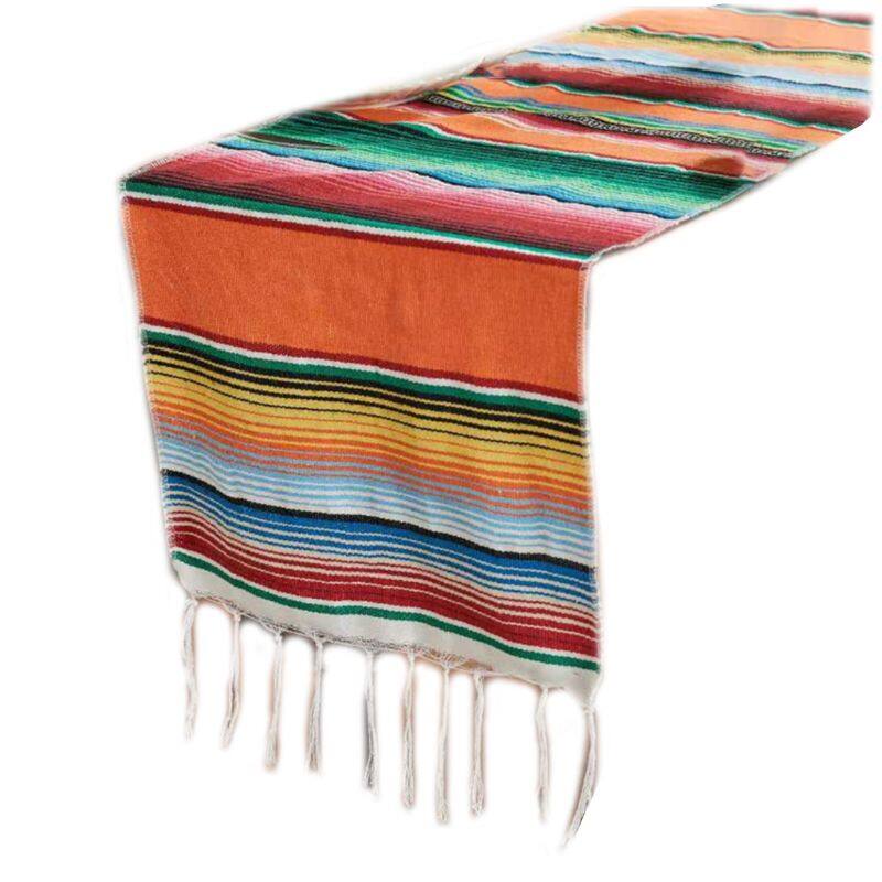 35x213cm Mexican Blanket Bright Rainbow Stripes Woven Table Runner Fringe Cotton Tablecloth Festival Party Home Table Decoration