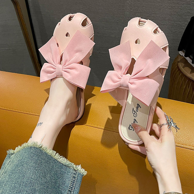 AOKANG Slippers women's thick-soled non-slip beach sandals and slippers with bowknot
