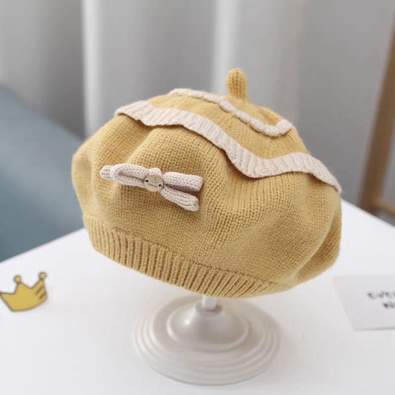 I love daddy&mummy 6months-2years cute bow baby knitted berets princess girl artist painter cap winter warm toddler beanies octagonal hat