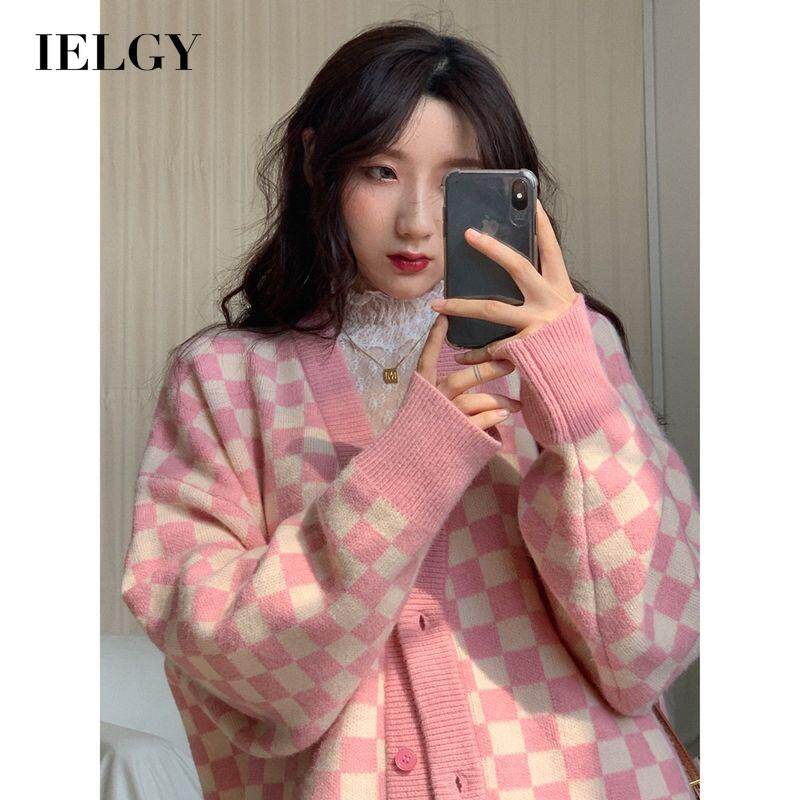 IELGY Pink Knit Cardigan Women's Long Sleeve Loose Checkerboard