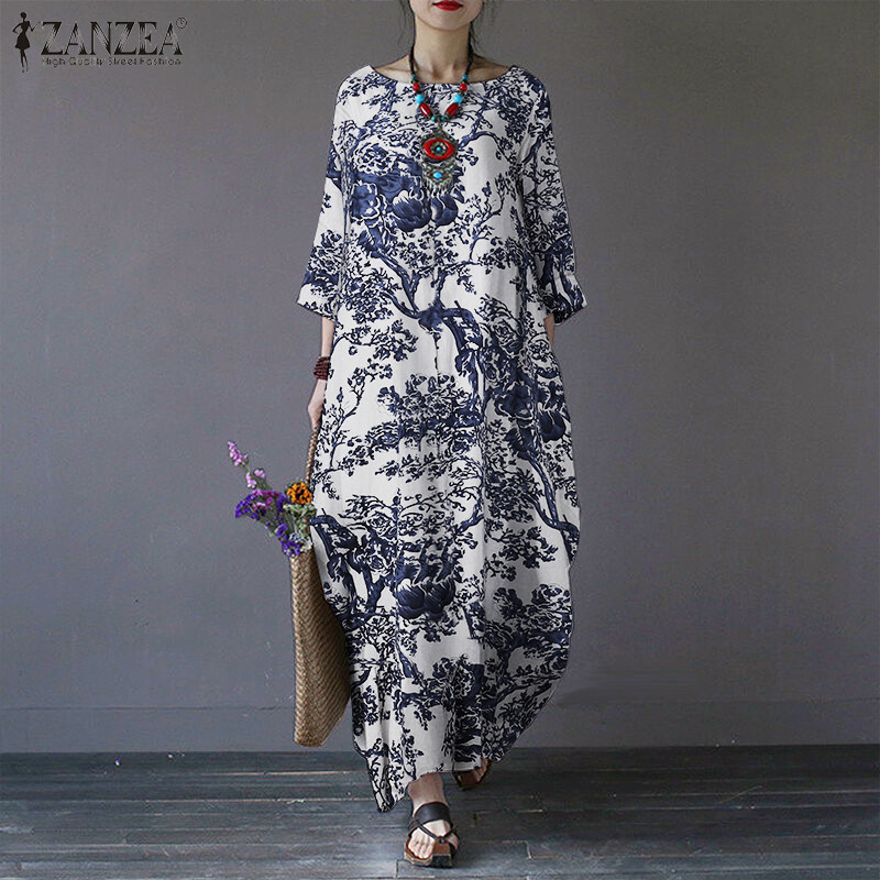 ZANZEA Women Vinatge Floral Printed Long Maxi Dress Loose Baggy Cotton Kaftans