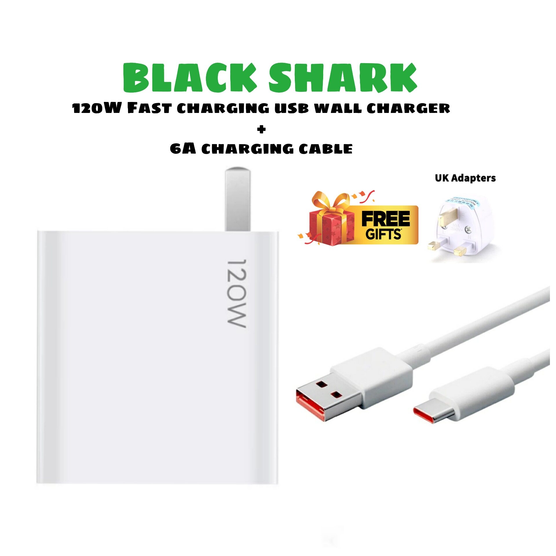 Original 2pin Black Shark 120W USB Wall Charger Set with 6A Max