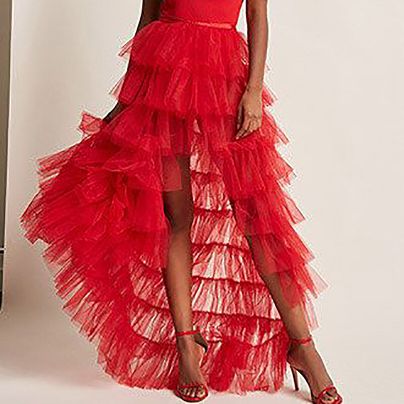 MagicLady Summer Women Tulle Skirt Solid Color Mesh Tied-Up Irregular Floor-Length Party Skirt Wedding Guest Dinner Cocktail Party Beach