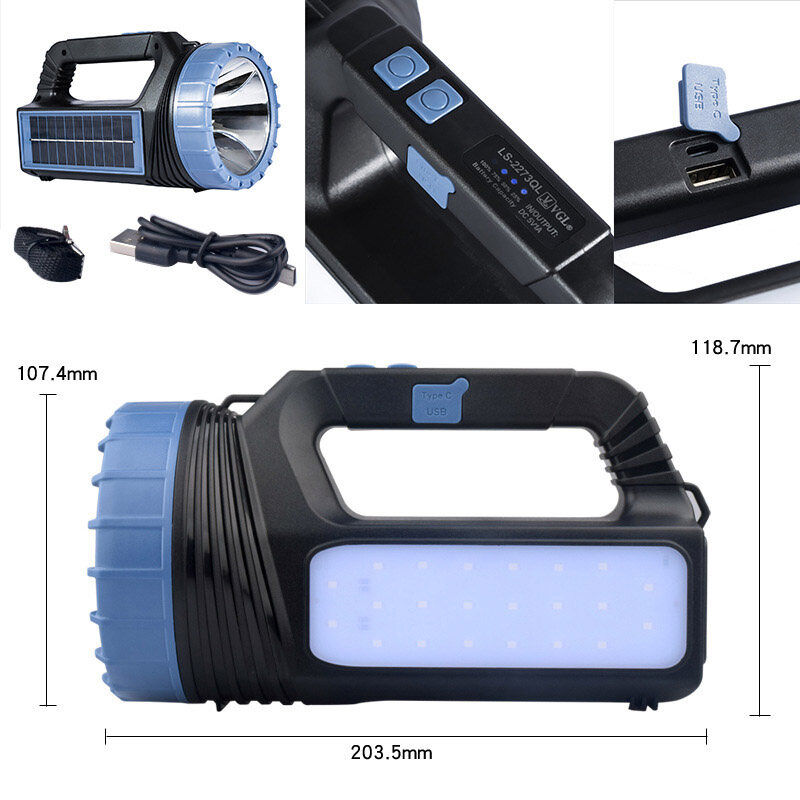 LED flashlight strong light solar power supply USB rechargeable portable small flashlight work light outdoor super bright multi-function emergency light