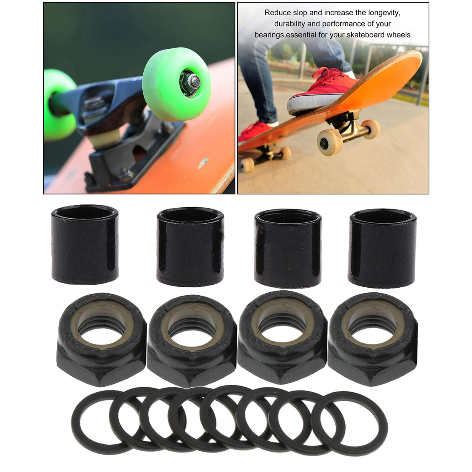 Baoblaze 16 Pieces Skateboard Truck Hardware Kit Includes 4Pcs Spacers, 4Pcs Axle Nuts and 8Pcs Speed Rings