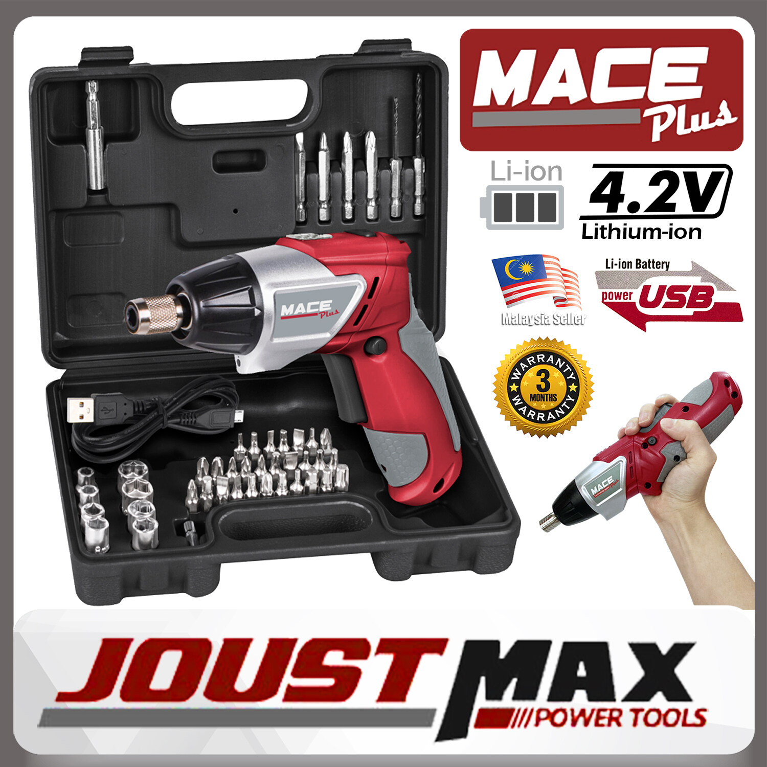 MacePlus 47pcs Rechargeable Cordless Screwdriver Drill Machine 4.2