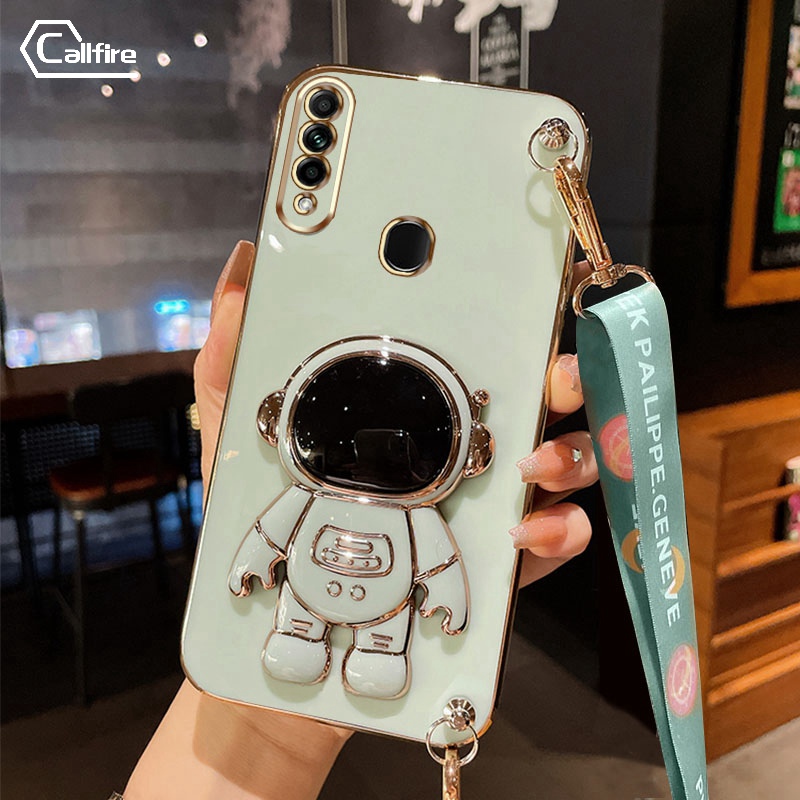 Callfire 2023 New Design Compatible For OPPO A8 A31 2020 Case Luxury 3D Stereo Stand Bracket Astronaut Electroplating Smooth Wrist Strap Phone Case Fashion Cute Soft Case