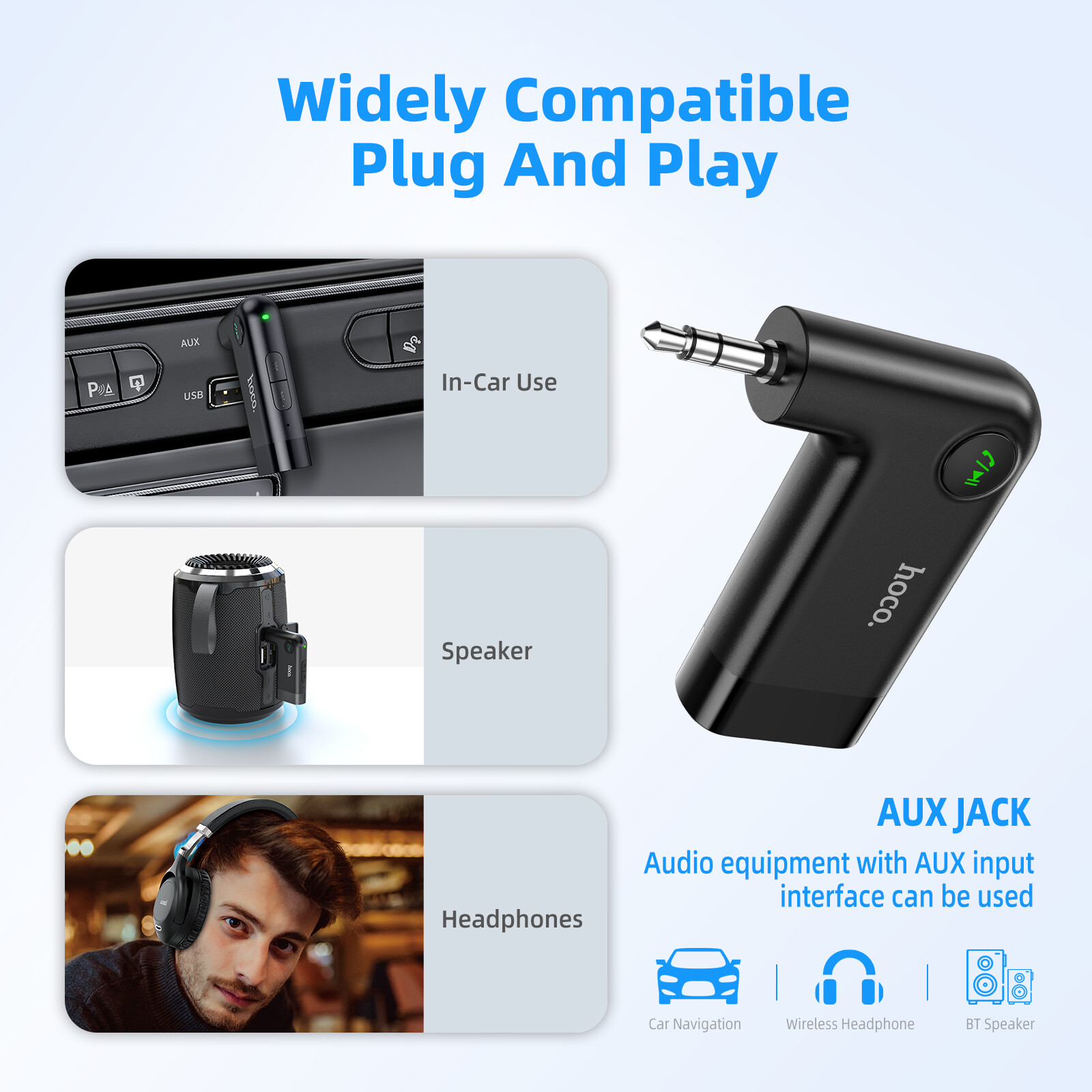 【100% sản phẩm chính hãng】Hoco E53 Đầu nhận Bluetooth Bluetooth không dây 5.0 Bộ chuyển đổi sạc cho xe hơi Di Động Bộ chuyển đổi âm thanh không dây 3.5Mm Aux Với Microphone Cho Xe Hơi/Âm Thanh