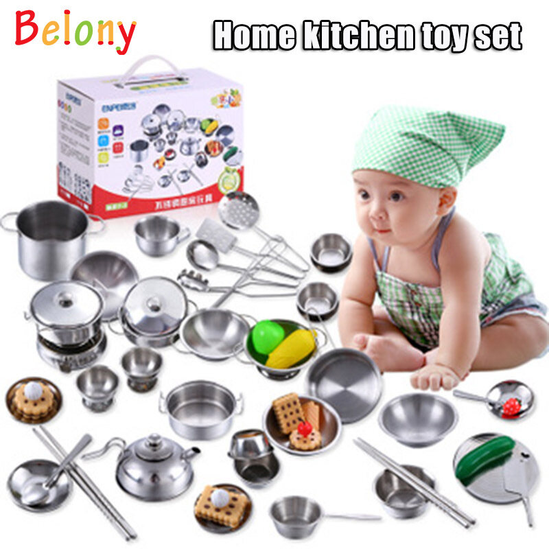 Belony 16pcs Set Stainless Steel Play Cooking Toy Kids Kitchenware Roleplay Toddler Playhouse Game for Children
