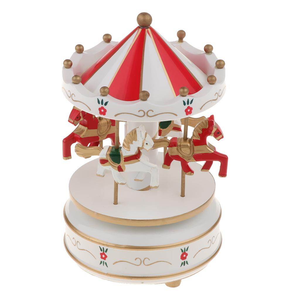 Baoblaze Carousel Music Box Luxury Rotating 4-Horse Carouse Music Box with Beautiful Melody Fun Toys for Kids/Kids- Pink/Blue/Red