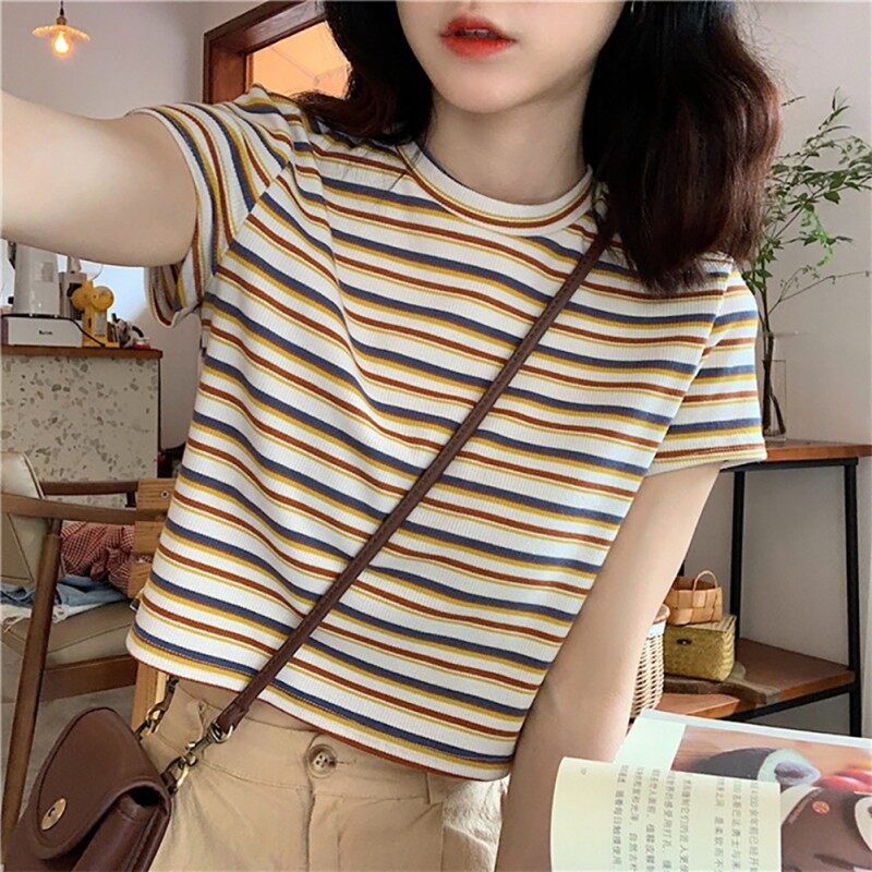 Missyouu Women's Fashion Casual O Neck Striped Short Sleeve Stretch Pullover Crop T-Shirt