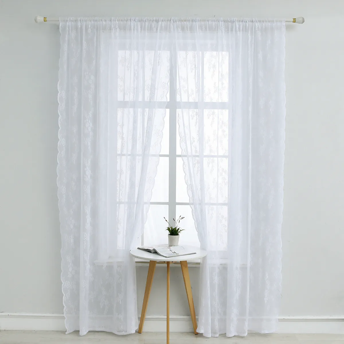 White Lace Curtain Sheer Voile Panel Romantic Wave Sides Embroidery Floral Country Curtain Window Gauze Drape Tulle For Living Room Bedroom Balcony Sliding Glass Door Fit For Various Blackout Curtains