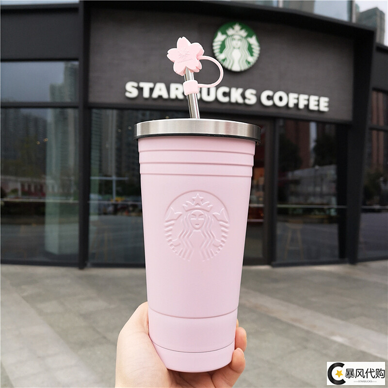 Starbuck Pink Stainless Steel Straw Cup Silver Lid Striped Pink Cherry Blossom Cup Women With Lid