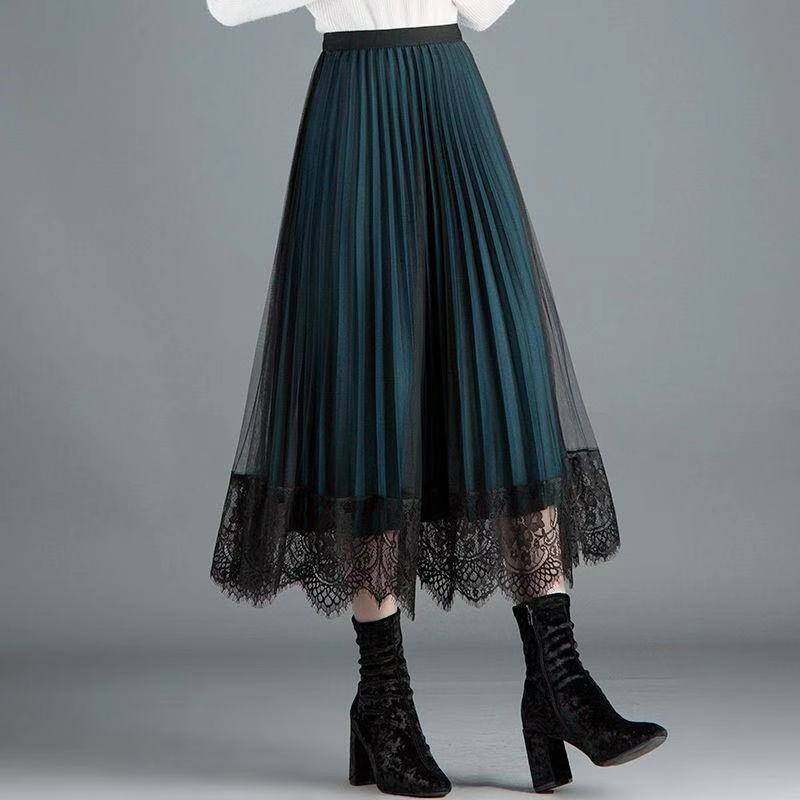 Skirt Autumn and Winter Women's New Large High Waist Lace Pleated Skirt Tulle Skirt